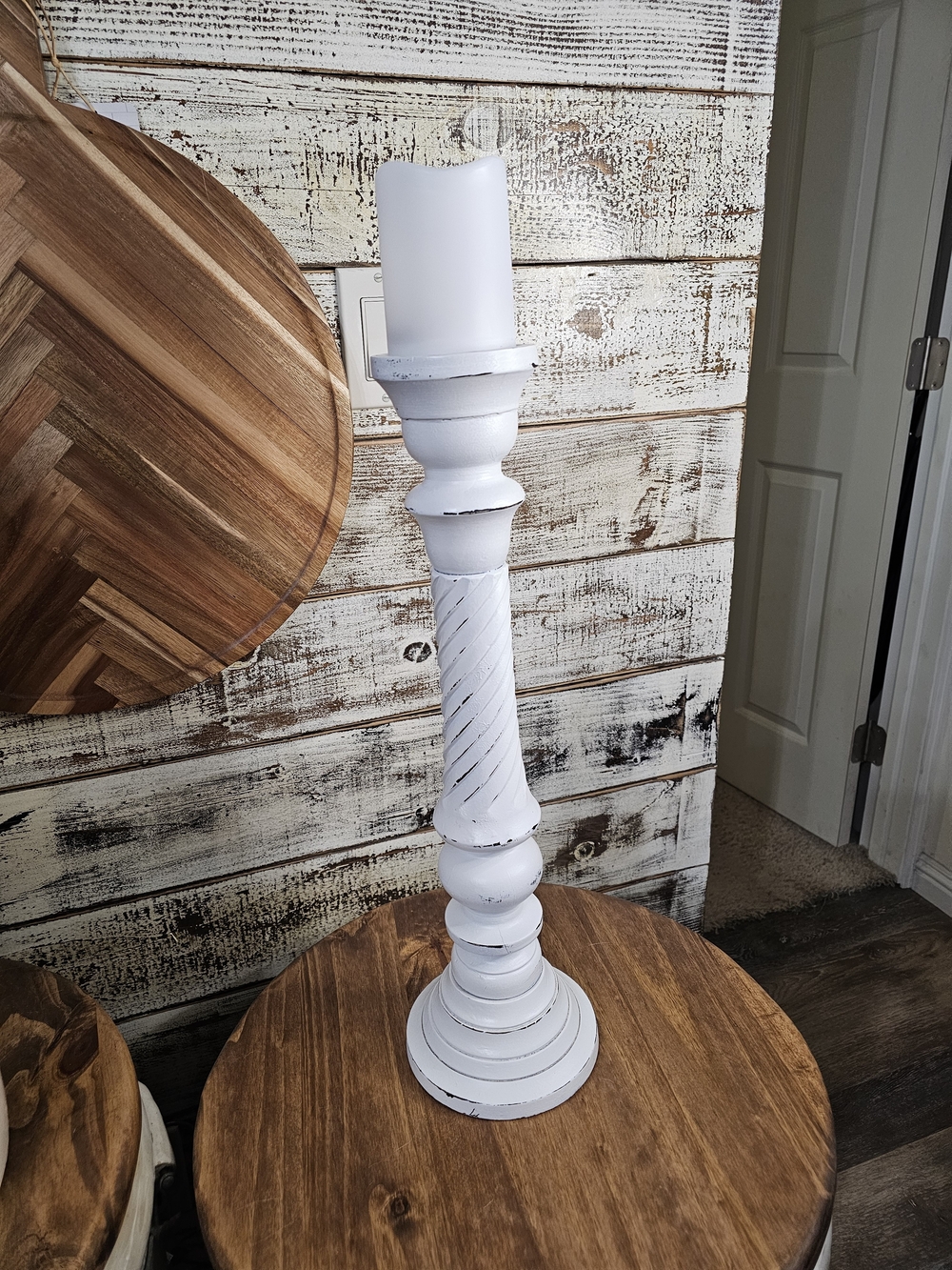Tall Rustic/Farmhouse White Distressed Wooden Candle Holder